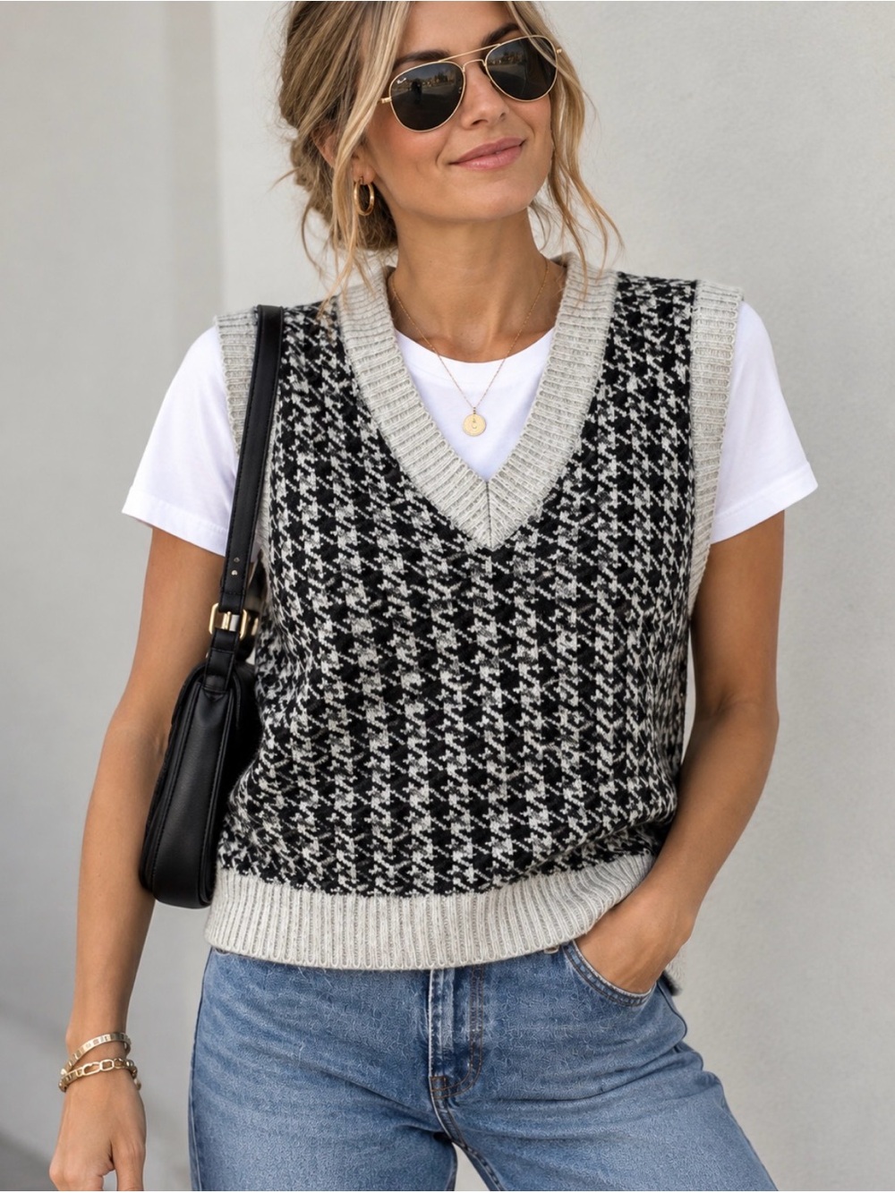 V-Neck Houndstooth Knit Sweater Vest Y2K Academia Preppy 90’s M